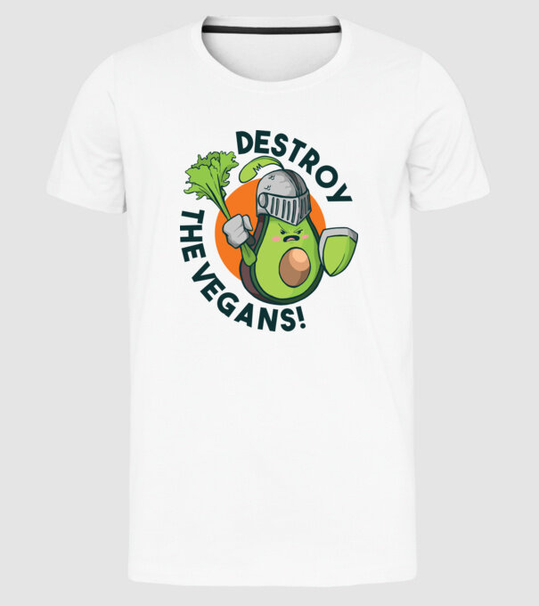 Destroy the Vegans - tricou amuzant războinic Avocado model alb pe tricou