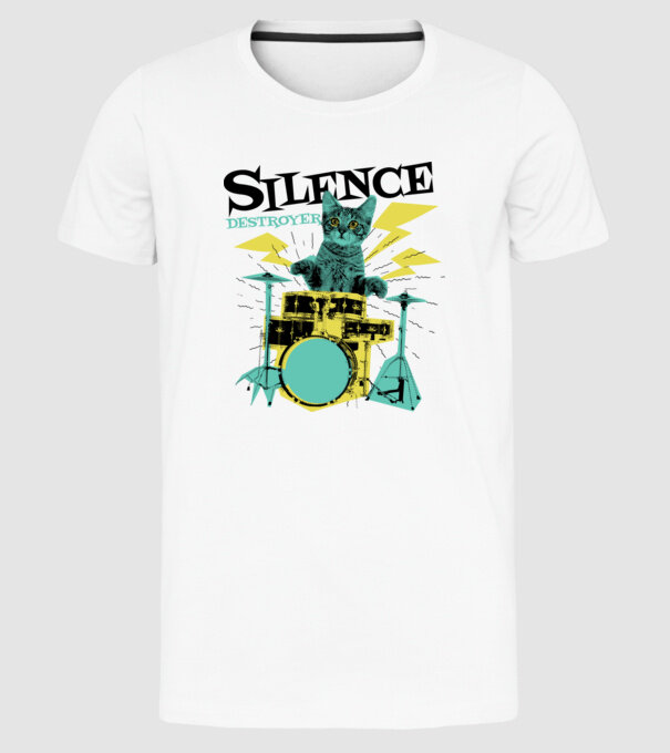 Pisică Baterist - Silence Destroyer model alb pe tricou