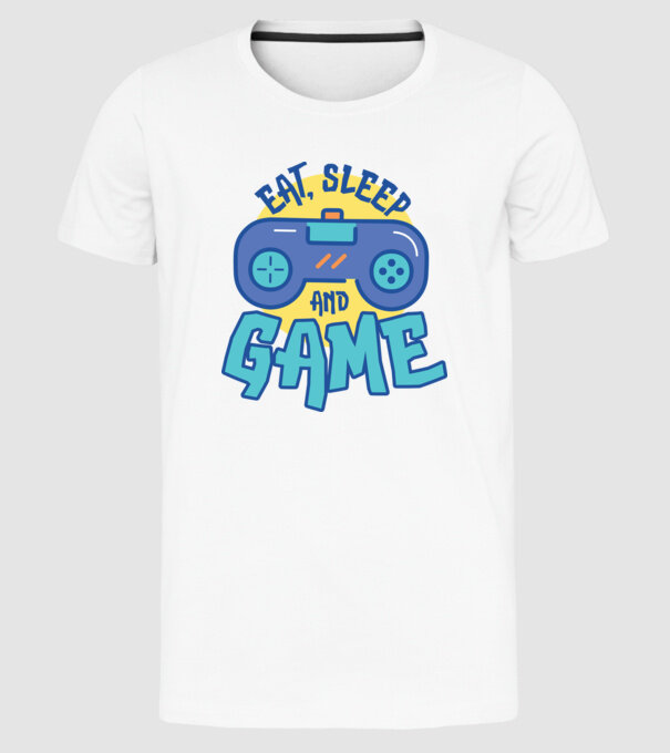 Eat Sleep and Game model alb pe tricou