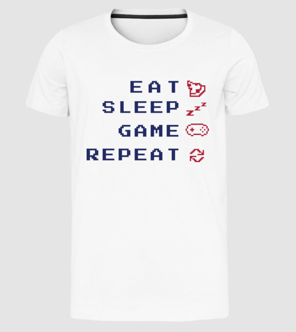 Eat Sleep Game Repeat model alb pe tricou