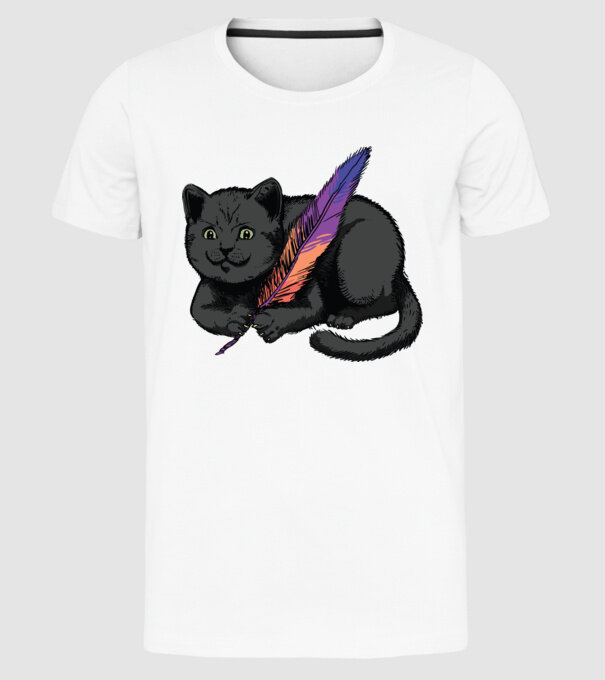 Pisicuță neagră cu pene model alb pe tricou