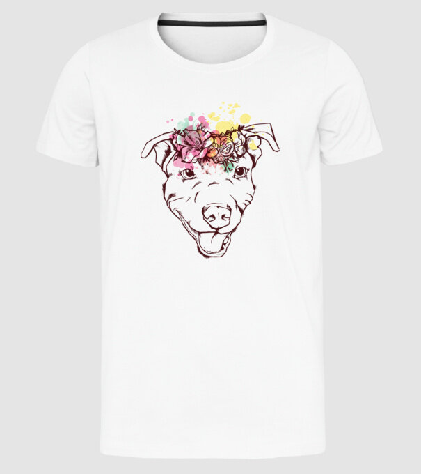 Floral Pitbull model alb pe tricou
