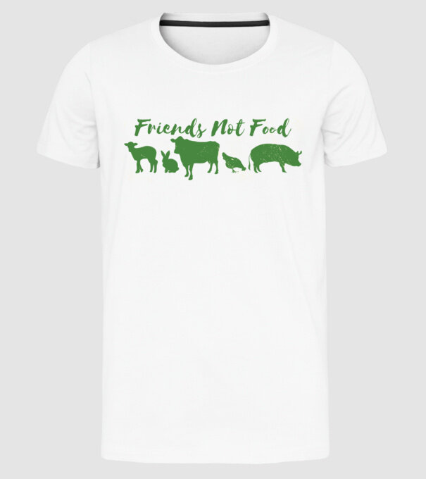 Friends Not Food Vegan model alb pe tricou