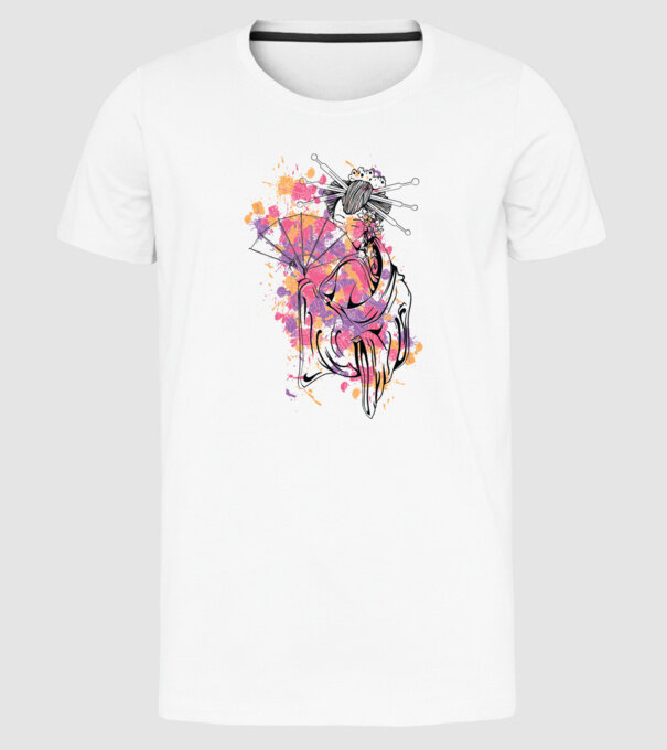 Geisha cu evantai model alb pe tricou