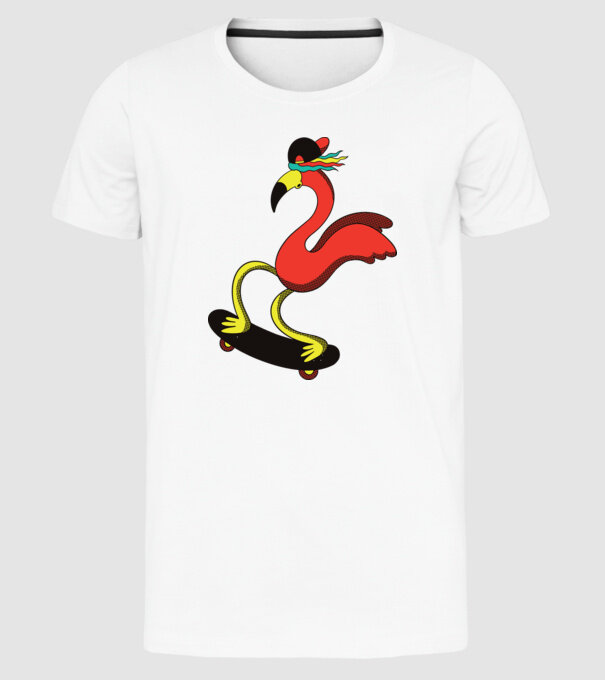 Flamingo Skateboarder model alb pe tricou