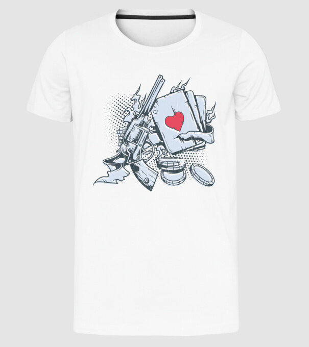 Gun with Cards model alb pe tricou