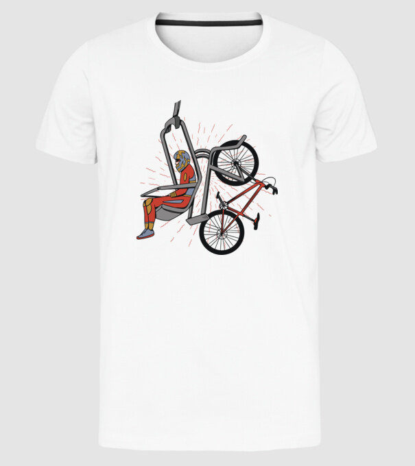 Biciclist montain bike pe teleferic model alb pe tricou