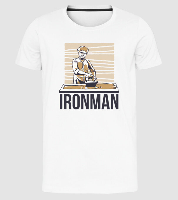 Ironman Om care calcă (montează metal) model alb pe tricou