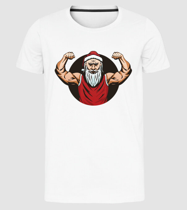 Moș Crăciun musculos model alb pe tricou