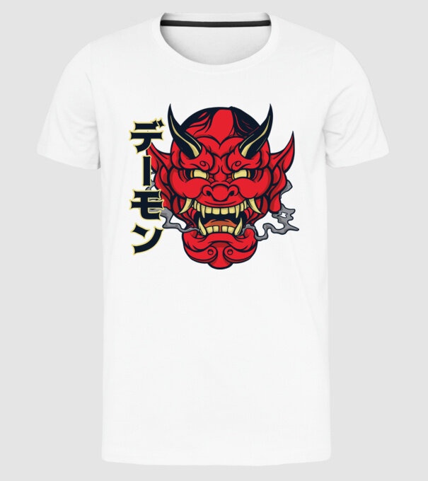 Mască demon chinez model alb pe tricou