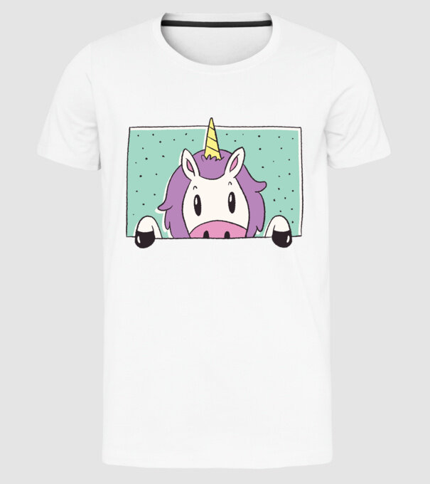 Unicorn curios model alb pe tricou