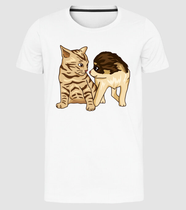 cuplu drăguț câine și pisică model alb pe tricou