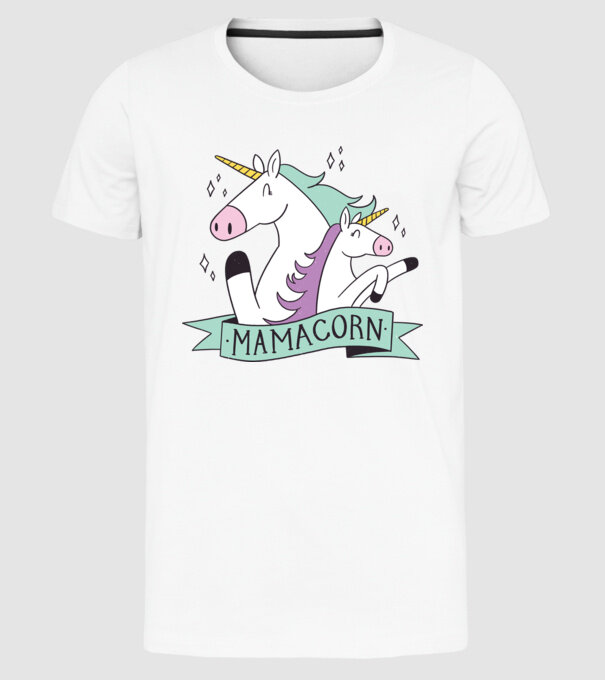Mamacorn model alb pe tricou