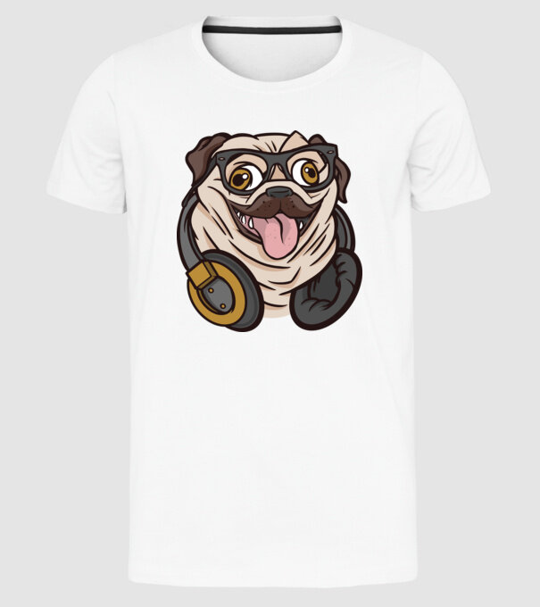 Mops cu căști model alb pe tricou