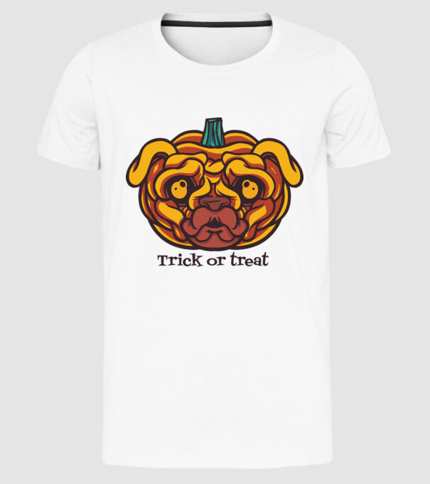 Mops cap de dovleac Halloween model alb pe tricou