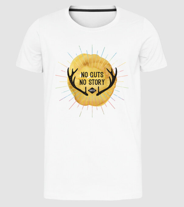 No guts no stories model alb pe tricou