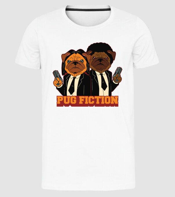 Pug Fiction Pugs Mops Pulp Fiction parodie model alb pe tricou