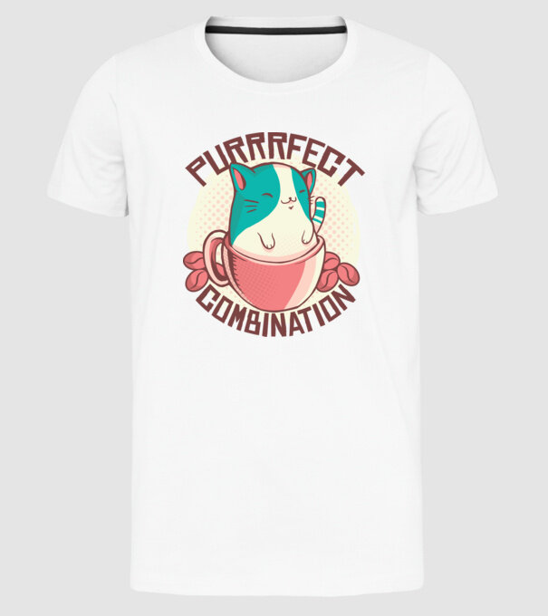 Purrrfect Combination Cafea cu pisică model alb pe tricou