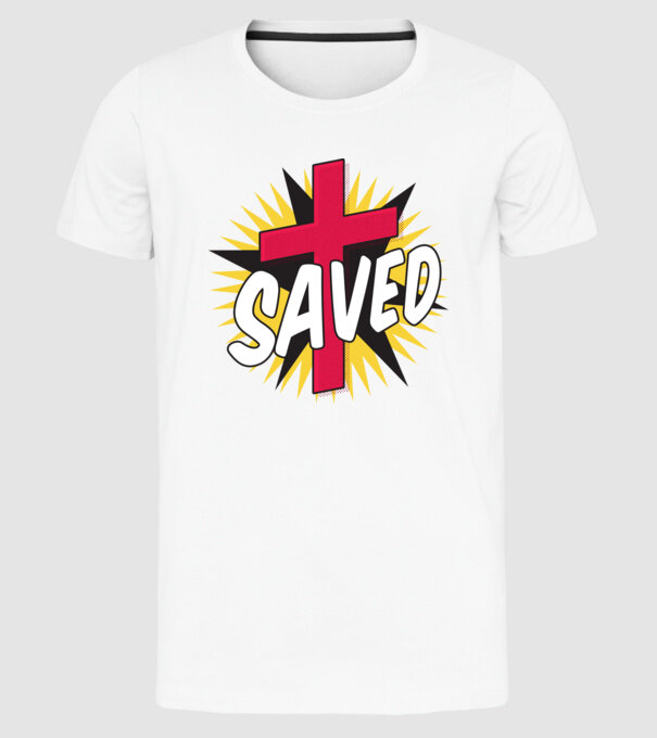 Saved Isus Cruce model alb pe tricou