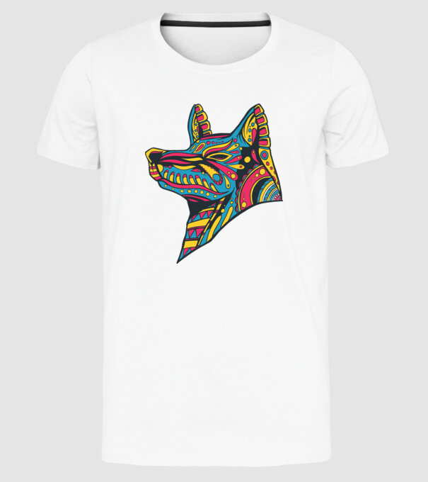 Cap de lup colorat model alb pe tricou