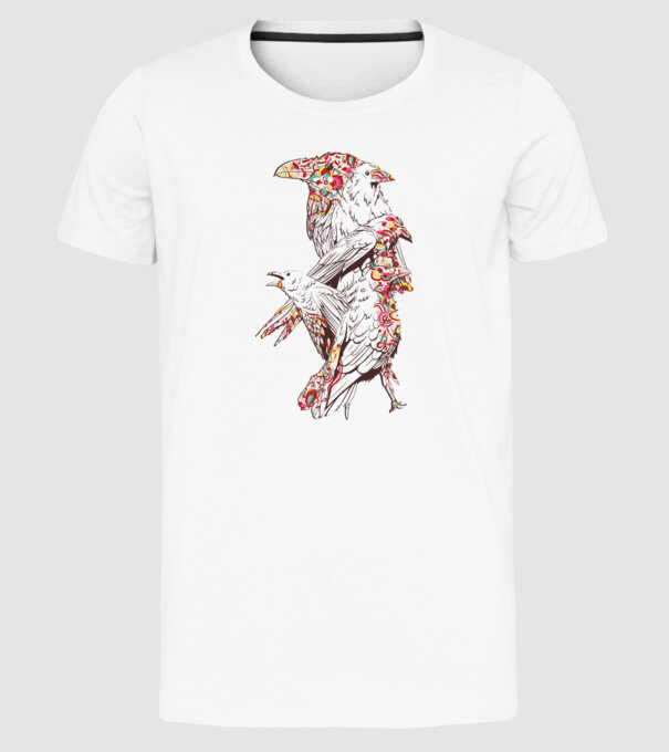 Păsări colorate model alb pe tricou