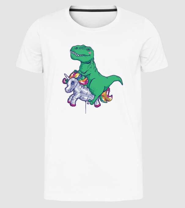 T-rex pe Unicorn balon model alb pe tricou