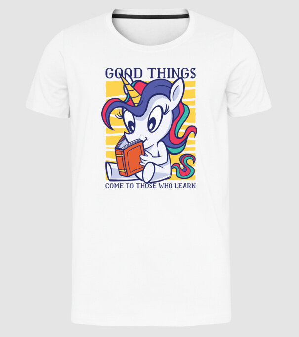 Student unicorn model alb pe tricou