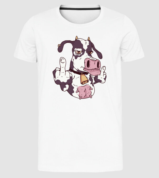 Vaca arată degetul model alb pe tricou