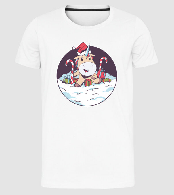 Unicorn Moș Crăciun cu cadouri model alb pe tricou