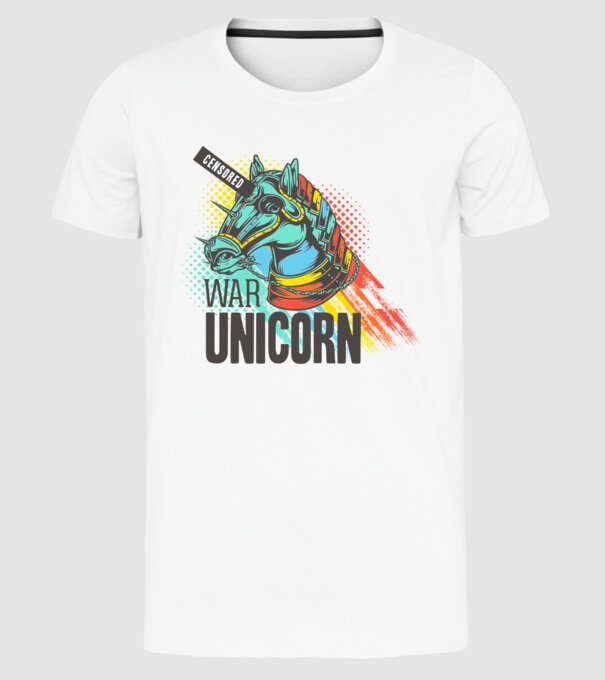 War Unicorn model alb pe tricou