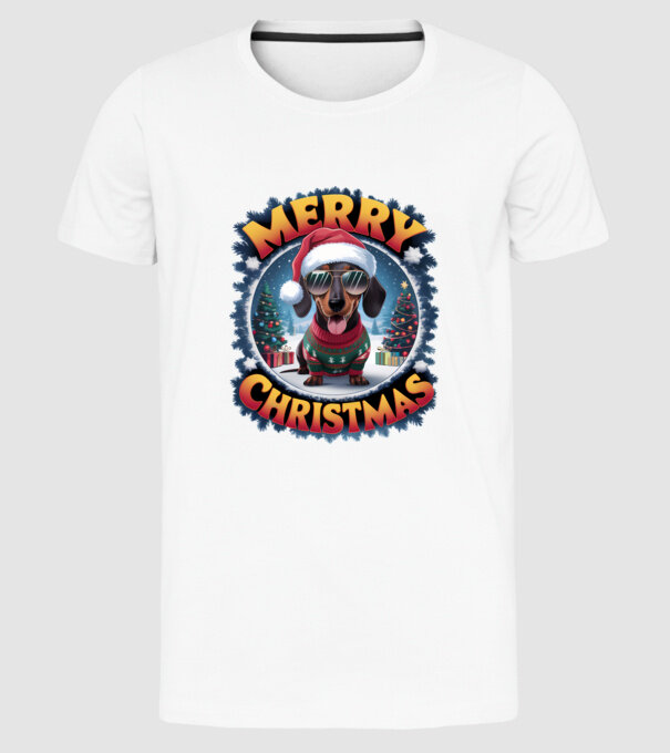 Merry Christmas Teckel model alb pe tricou