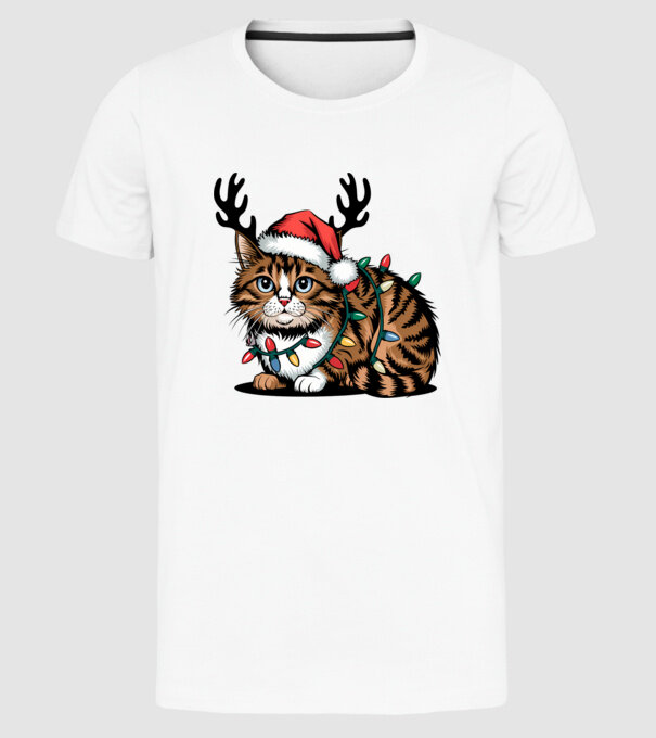 Pisica de craciun model alb pe tricou
