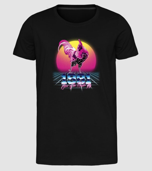 1981 Year of the Rooster model negru pe tricou