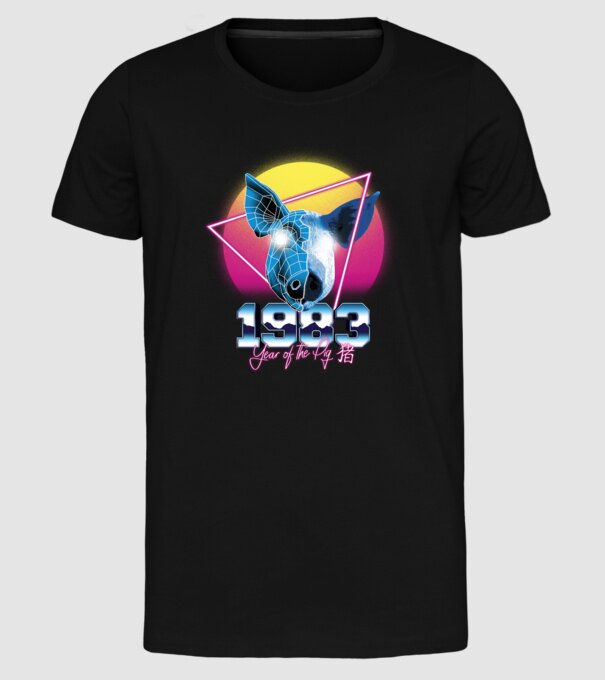 1983 Year of the Pig model negru pe tricou