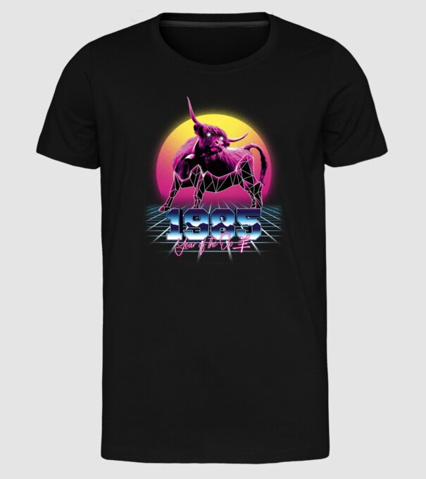 1985 Year of the Ox model negru pe tricou