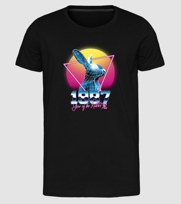 1987 Year of the Rabbit model negru pe tricou
