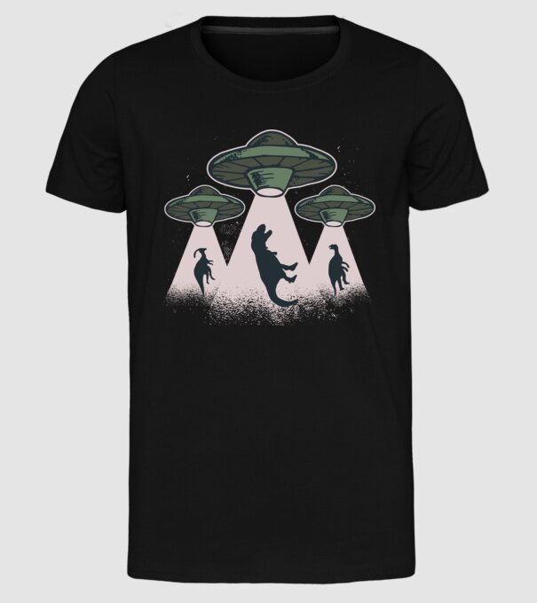 Alien OZN dinozaur model negru pe tricou