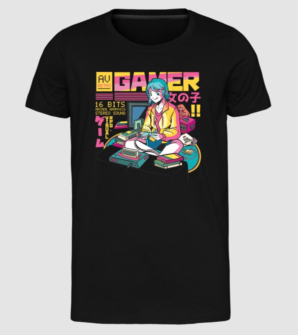Anime fată Gamer model negru pe tricou
