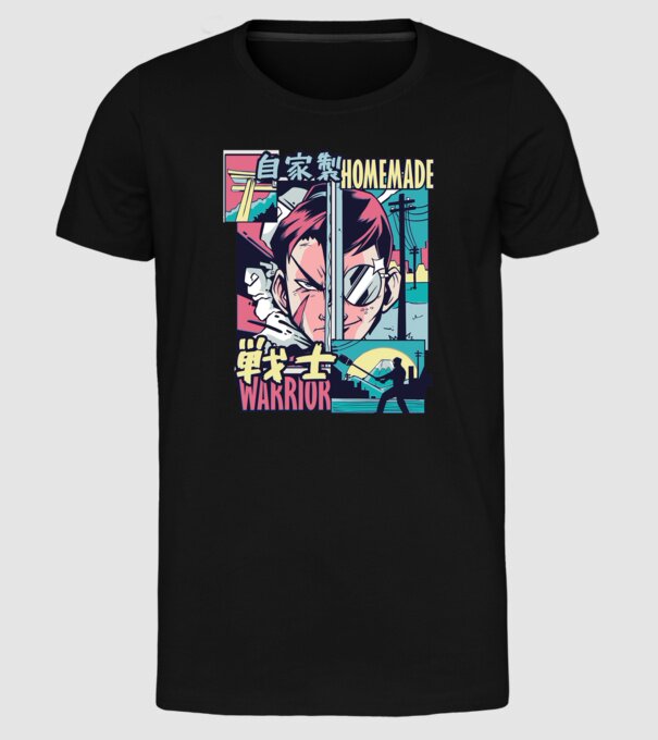 Anime Vaporwave Home Made Warrior model negru pe tricou