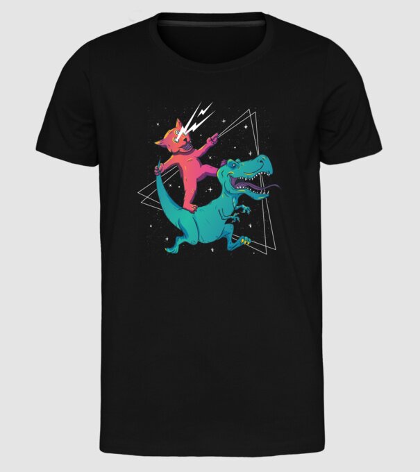 Pisică drogată pe dinozaur model negru pe tricou