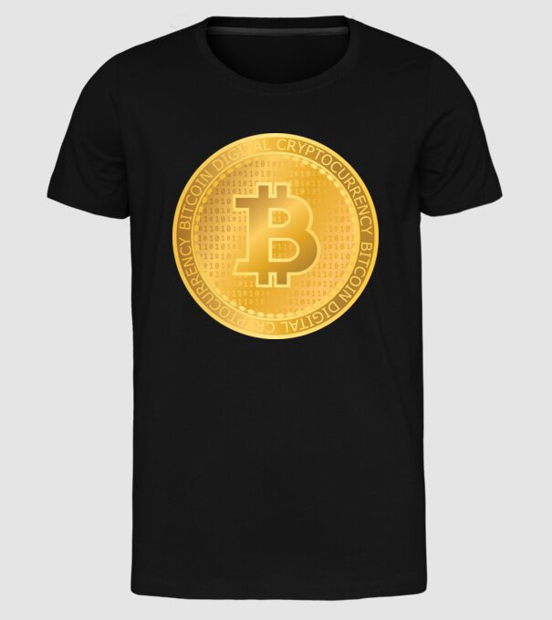 Monedă de aur Bitcoin model negru pe tricou