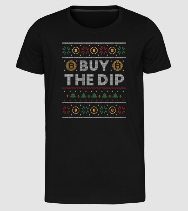 Buy the Dip Bitcoin Ugly Sweater model negru pe tricou