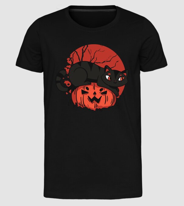 Pisică pe dovleac Halloween model negru pe tricou