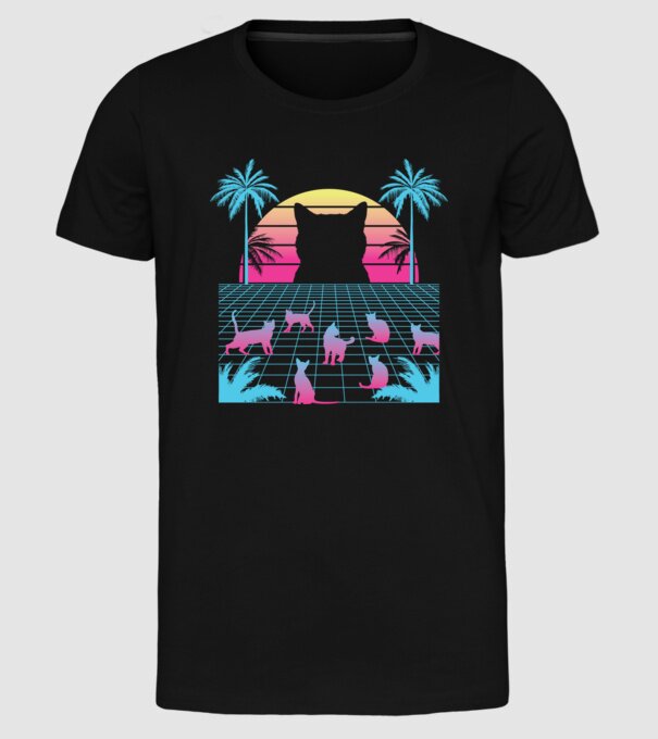 Pisică Vaporwave neon model negru pe tricou