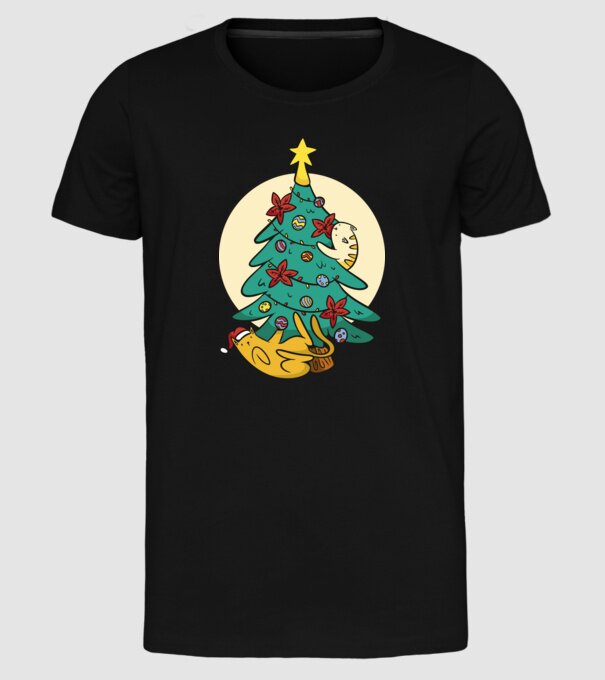 Crăciun cu pisică model negru pe tricou