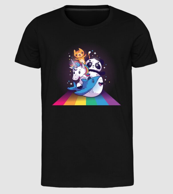 Animale drăguțe cu curcubeu model negru pe tricou