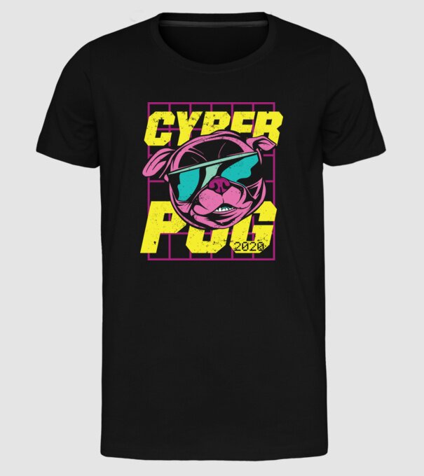 Mops Cyber Pug model negru pe tricou