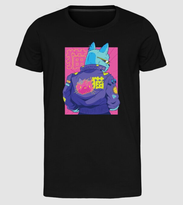 Pisică Cyberpunk model negru pe tricou