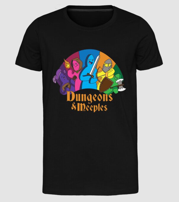 Dungeons Meeples model negru pe tricou