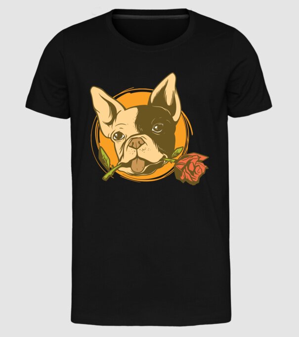Bulldog francez cu trandafir model negru pe tricou